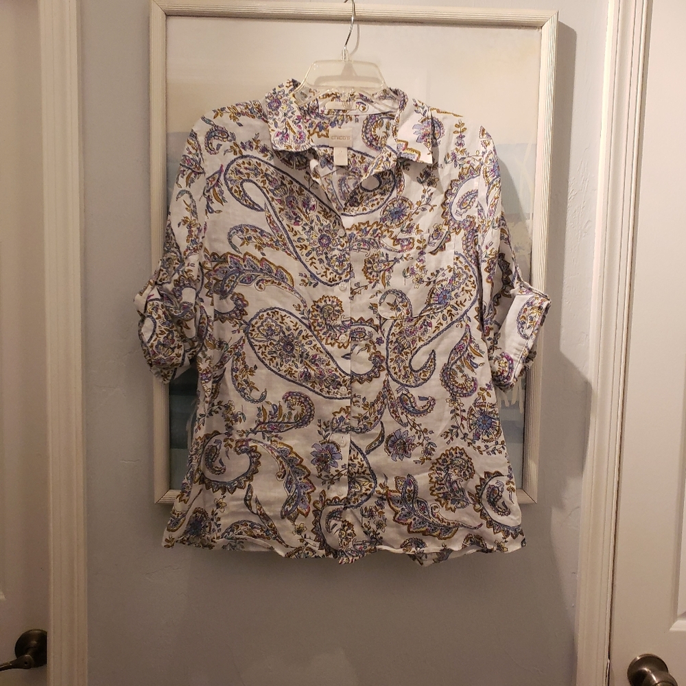 Chicos Blouse Size 2 (Large)Women Paisley  100% Linen Summer Button Up
